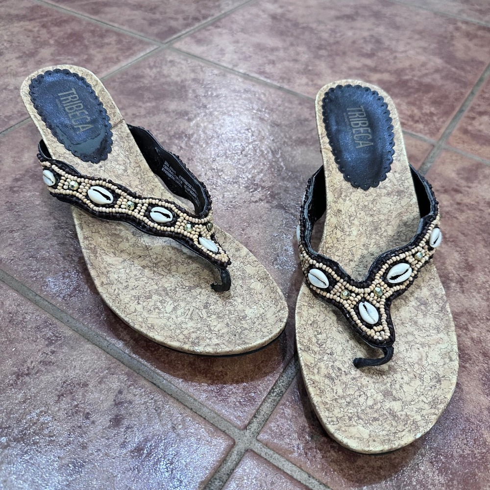 Beachy Shell Coastal Wedge Vacation Resort Sandals Women 10M Brown